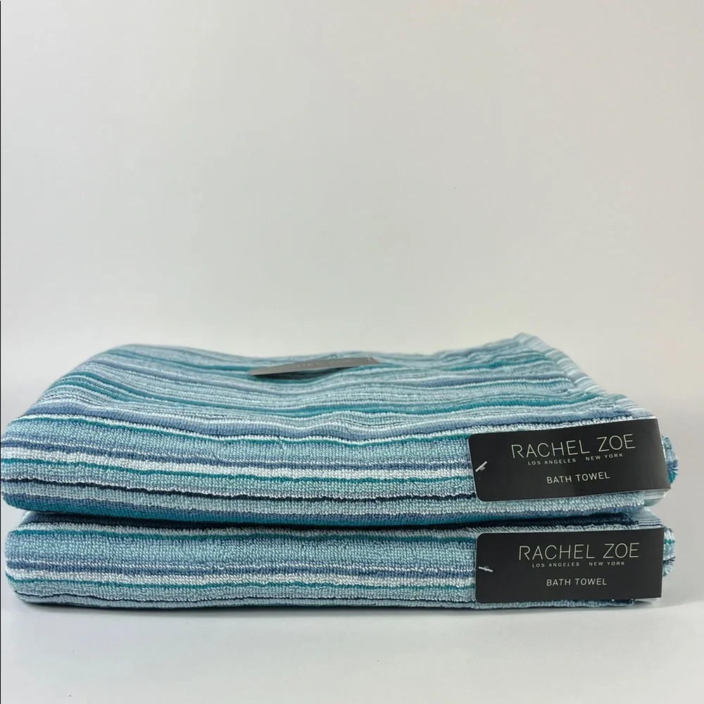 2pc Rachel Zoe Bath Towels Blue Teal White Striped Soft 100% Cotton NEW